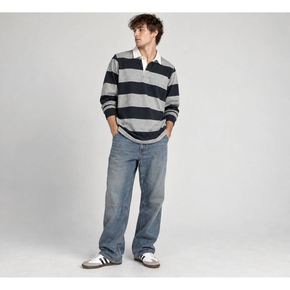 Old Navy Mens XXL Rugby Shirt Navy Gray Striped Long Sleeve Preppy